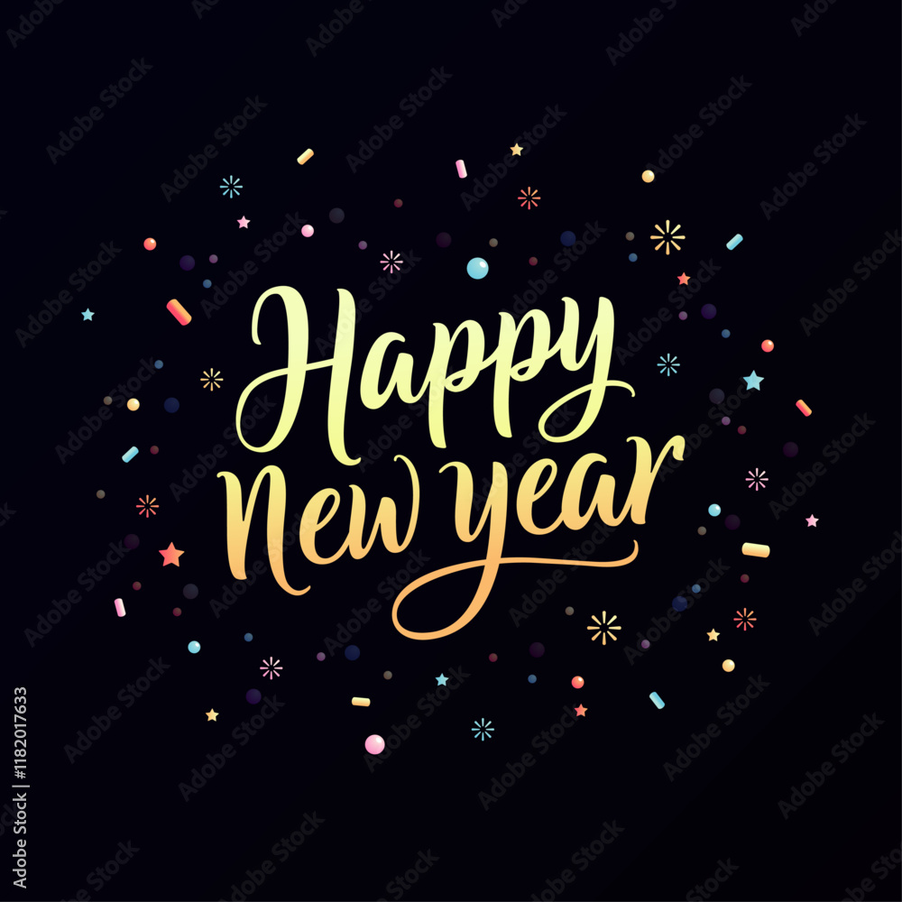 Vector image template of Happy New Year calligraphy text with cute ornaments and black background Vector image template of Happy New Year calligraphy text with cute ornaments and black background