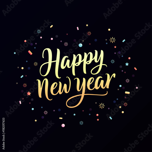 Vector image template of Happy New Year calligraphy text with cute ornaments and black background