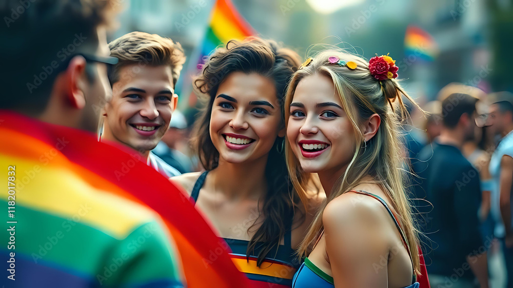 A spectator waves a gay rainbow flag at an LGBT gay pride march A spectator waves a gay rainbow flag at an LGBT gay pride march