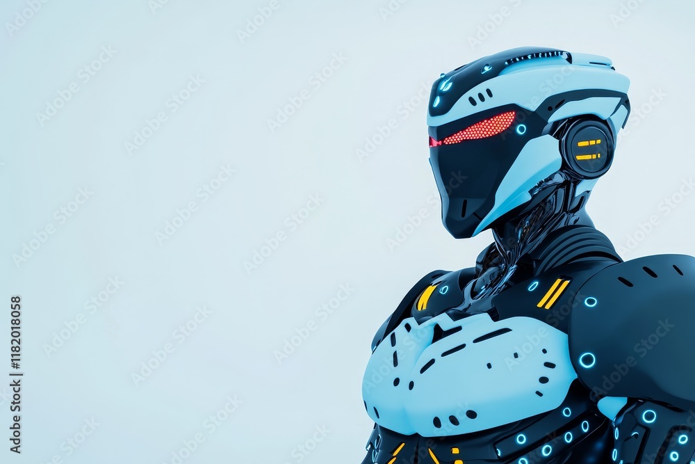 Fototapeta premium Futuristic Armored Robot with Gold Accents - A sleek, futuristic robot in dark gray armor with striking gold accents. It symbolizes technological advancement, artificial intelligence, cybernetics,