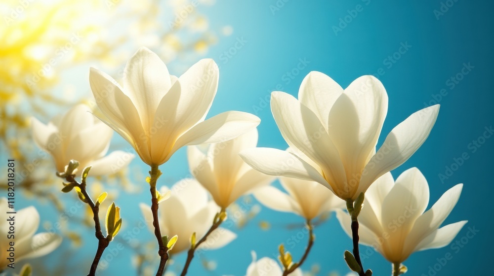 Elegant Blooming Magnolia Flowers Under Bright Blue Sky Elegant Blooming Magnolia Flowers Under Bright Blue Sky