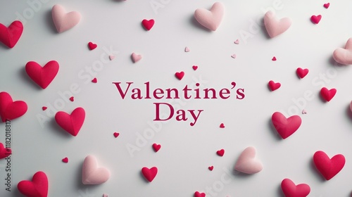 Valentinesday Text in a sophisticated serif font with pink and red heart shapes.