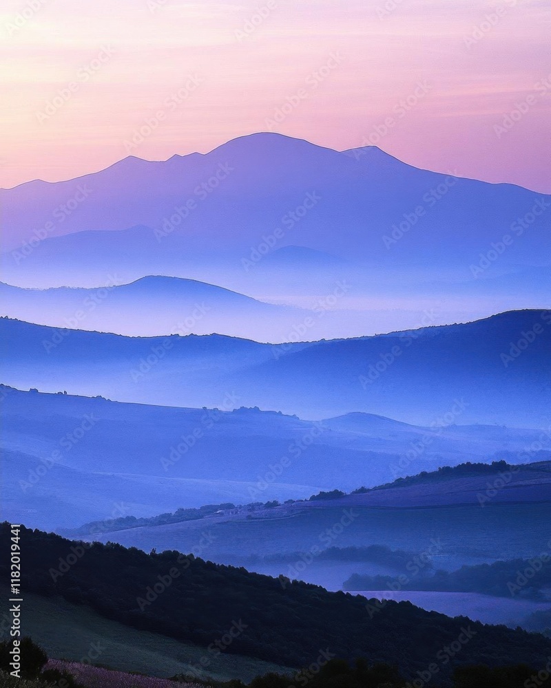 Fototapeta premium Serene landscape with layered mountains at dawn, showcasing soft hues.