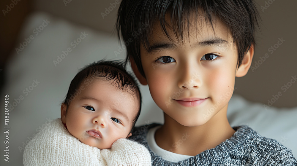 Sibling love. An Asian boy lovingly holds his baby brother in a cozy indoor setting, showcasing sibling bond and affection Sibling love. An Asian boy lovingly holds his baby brother in a cozy indoor setting, showcasing sibling bond and affection