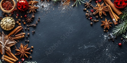 Fototapeta Naklejka Na Ścianę i Meble -  Festive food background featuring an array of Christmas spices displayed on a dark slate surface, perfect for highlighting seasonal recipes. This food background offers ample copy space.
