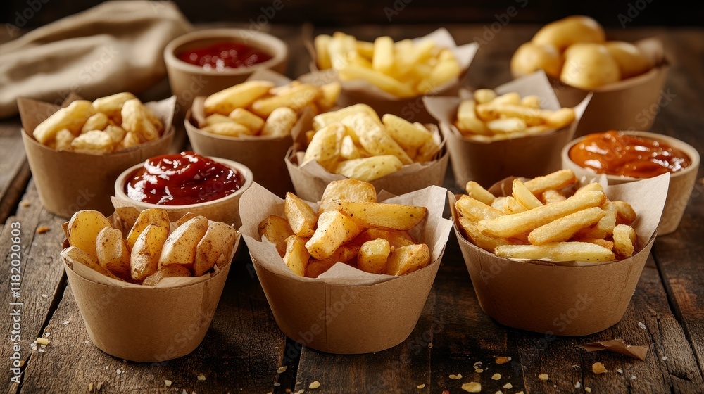 Various potato shapes showcased in delicious pommes frites, highlighting the diversity of potato forms and their culinary possibilities in creating tasty pommes frites. Various potato shapes showcased in delicious pommes frites, highlighting the diversity of potato forms and their culinary possibilities in creating tasty pommes frites.