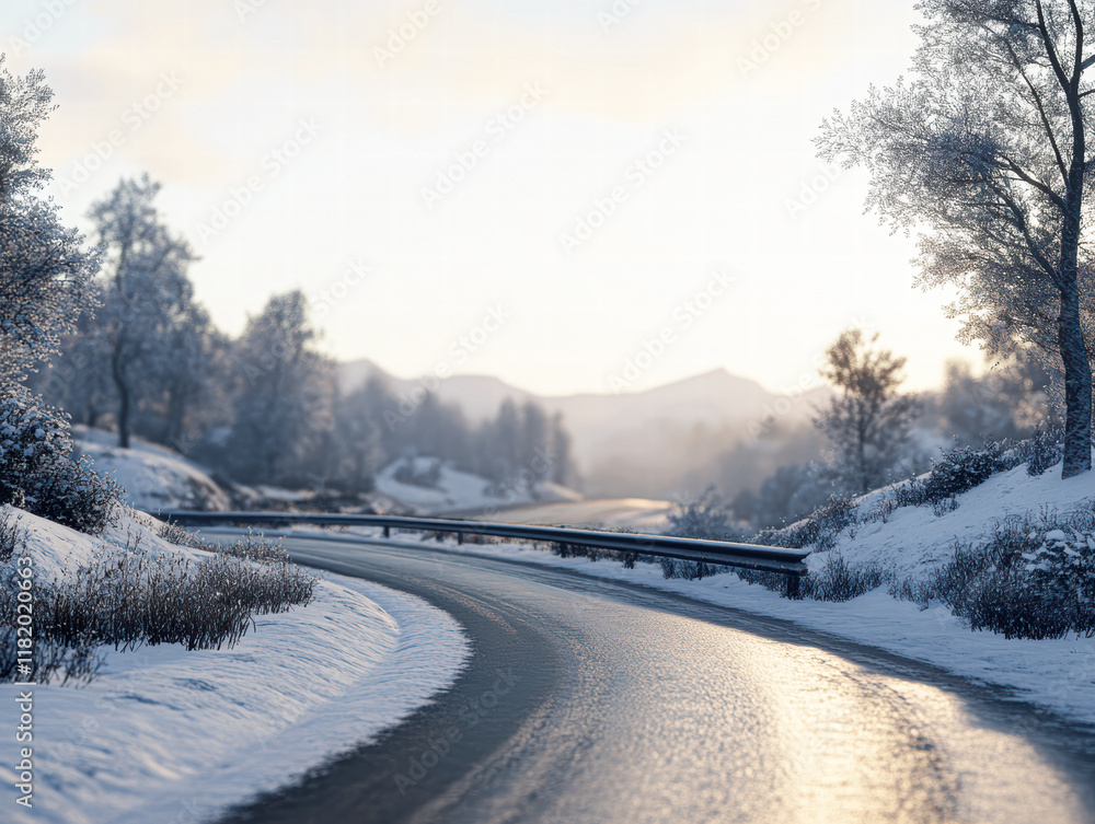 Wide angle of a serene winter road journey in snowy countryside Wide angle of a serene winter road journey in snowy countryside