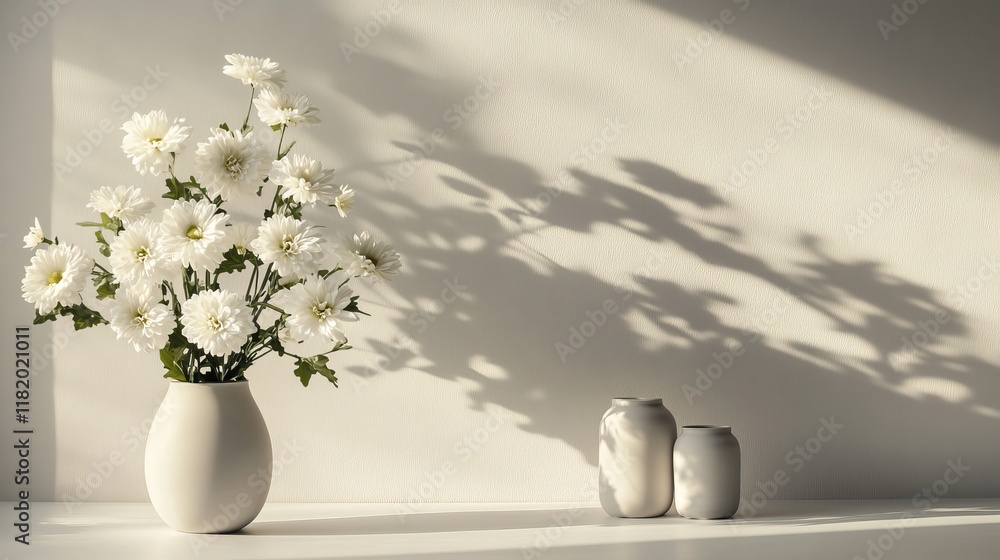 Fototapeta premium White chrysanthemums displayed in a clean and minimal setup