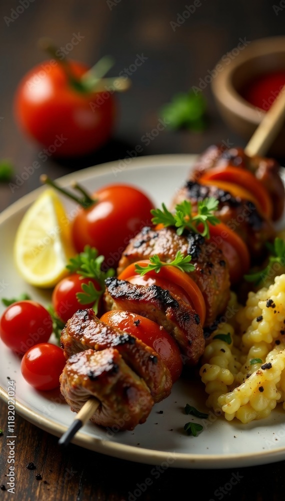 Traditional Turkish kebab with shashlik skewer on a plate , flatbread, food, kebab Traditional Turkish kebab with shashlik skewer on a plate , flatbread, food, kebab