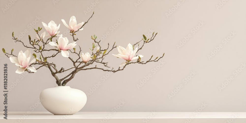 Ikebana arrangement featuring delicate flowering magnolia branches in an elegant porcelain vase creates a stunning focal point, showcasing the beauty of Ikebana artistry with soft floral elements. Ikebana arrangement featuring delicate flowering magnolia branches in an elegant porcelain vase creates a stunning focal point, showcasing the beauty of Ikebana artistry with soft floral elements.