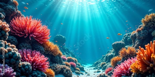 Fototapeta Naklejka Na Ścianę i Meble -  Underwater scene with vibrant coral reef and swaying algae, underwater, algae, coral