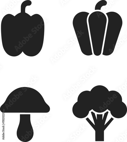 Black and silhouette style vegetables icon set design, capsicum, coli flower, food icon