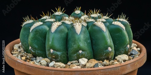 Echinopsis tiegeliana f. cristata features dark green ribs adorned with flat tubercles, showcasing areoles that emerge between them, highlighting the unique characteristics of this cactus variety. photo