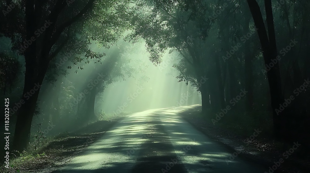 Obraz premium Misty road through trees, sun rays, nature, serene landscape, travel photography.