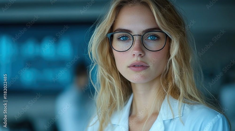 A young woman in glasses wearing a lab coat, looking thoughtfully at the camera in a professional setting. A young woman in glasses wearing a lab coat, looking thoughtfully at the camera in a professional setting.