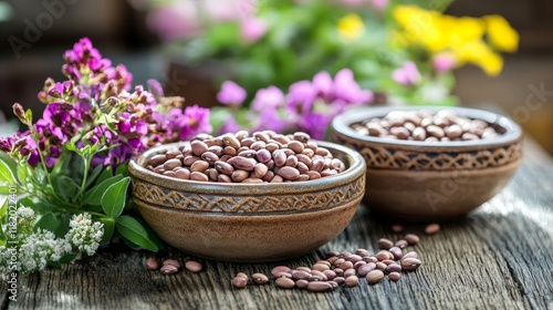 Ceramic bowls display beans alongside vibrant flowers on a rustic wooden table, creating a visually appealing arrangement with ceramic bowls that highlight nature s beauty. photo