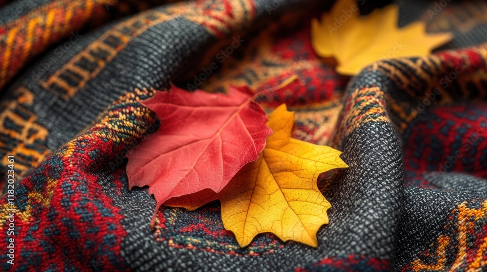 Vibrant Autumn Leaves on Cozy Textile with Warm Color Palette Vibrant Autumn Leaves on Cozy Textile with Warm Color Palette