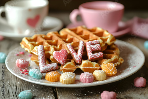 cup of tea and cookies  in concept of valentine day on 14 February 2025 with pink and red heart gift love rose romance romantic things with background