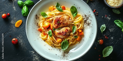 A captivating top view showcases latte art featuring a human face, surrounded by a delicious plate of pasta. The pasta is topped with chicken thighs, sweet peppers, P. eryngii, cheese powder, and photo