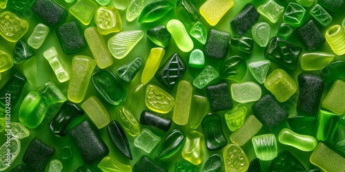 Vibrant assorted green gummy candies create a delightful background. This top view showcases an enticing array of jelly sweets, perfect for highlighting the charm of green gummy candies. photo