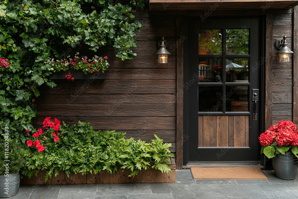 Naklejka premium charming entrance featuring black door surrounded by lush greenery and vibrant red flowers, creating welcoming atmosphere. textured wooden exterior adds warmth and character