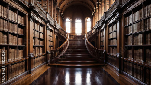 Wallpaper Mural Grand wooden staircase in elegant library with bookshelves Torontodigital.ca