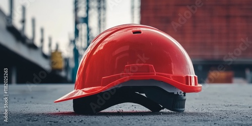 Construction helmet on a concrete surface near a red brick building, emphasizing construction safety and the importance of protective gear in the construction industry. photo