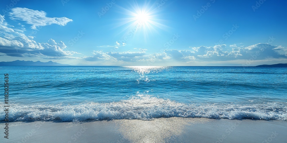 Fototapeta premium A stunning blue sea under a radiant sun creates a picturesque scene. The beauty of the blue sea shines brightly on this sunny day, inviting all to enjoy its splendor.