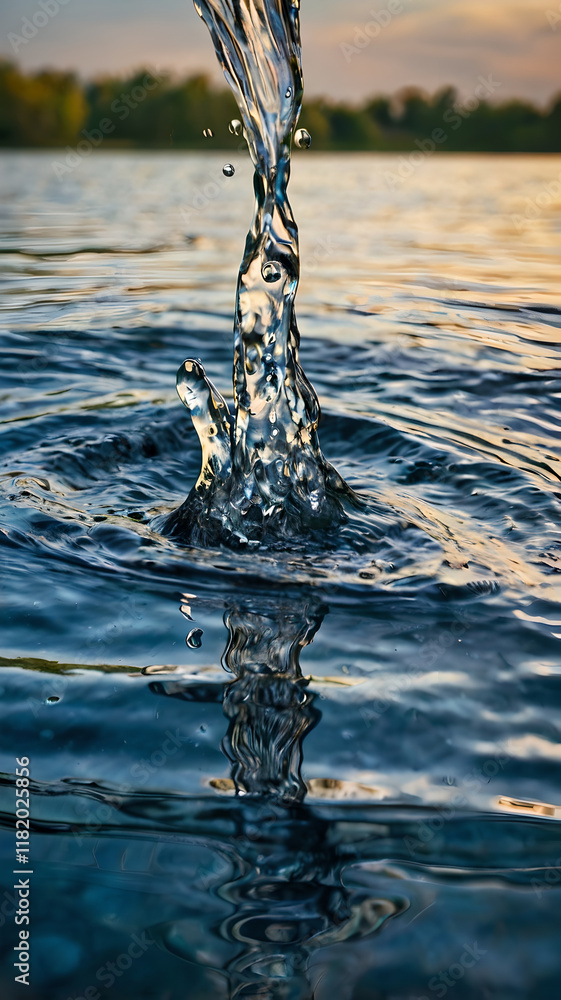 Water droplets splash on calm, reflective lake in serene outdoor setting Water droplets splash on calm, reflective lake in serene outdoor setting