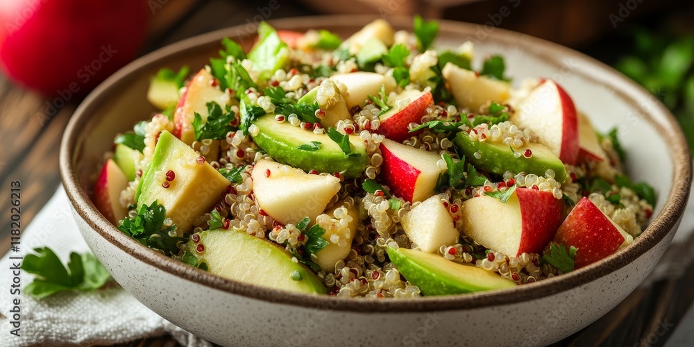 Quinoa, avocado, and apple salad makes a delightful addition to any detox diet, offering a healthy meal option. Enjoy the quinoa, avocado, and apple salad with selective focus emphasizing its vibrant Quinoa, avocado, and apple salad makes a delightful addition to any detox diet, offering a healthy meal option. Enjoy the quinoa, avocado, and apple salad with selective focus emphasizing its vibrant