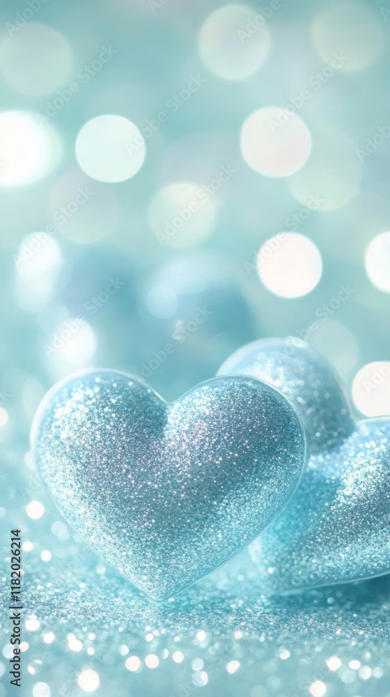 Fototapeta premium Sparkling Blue Hearts with Soft Bokeh
