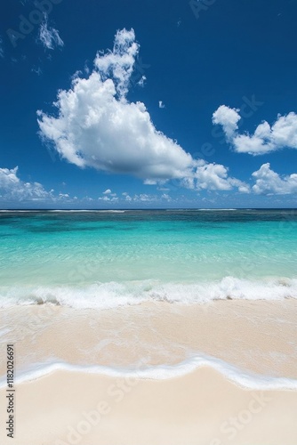 A serene beach scene with turquoise waters and fluffy clouds.