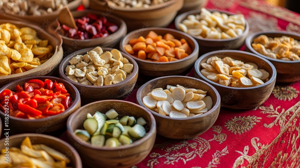 Wooden dishes filled with snacks are elegantly arranged on a red embroidered tablecloth, showcasing a vibrant display of snacks in charming wooden dishes on a beautiful backdrop. Wooden dishes filled with snacks are elegantly arranged on a red embroidered tablecloth, showcasing a vibrant display of snacks in charming wooden dishes on a beautiful backdrop.