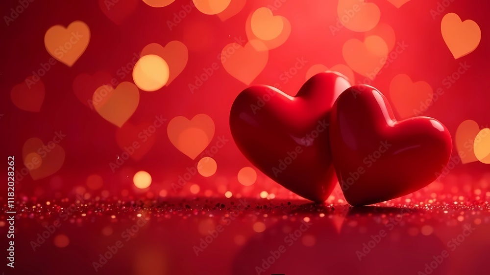 Two red hearts symbolizing love and Valentine's Day. Bokeh in the shape of hearts on a red background. Two red hearts symbolizing love and Valentine's Day. Bokeh in the shape of hearts on a red background.