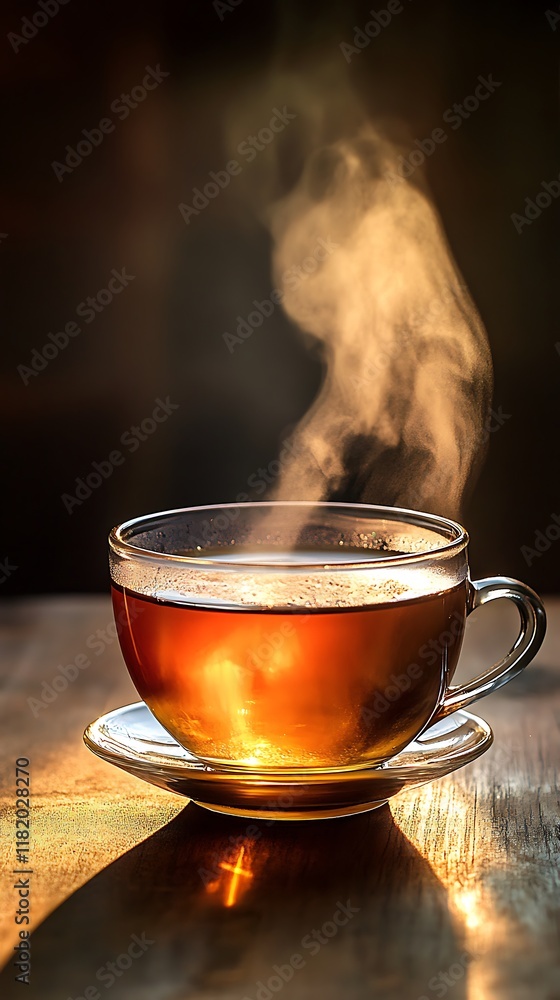Fototapeta premium Cup of hot tea with steam on wooden table, dark background