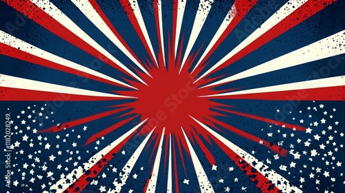 Blue, red, and white comic-style rays with halftone effects. Vector backdrop illustration. 