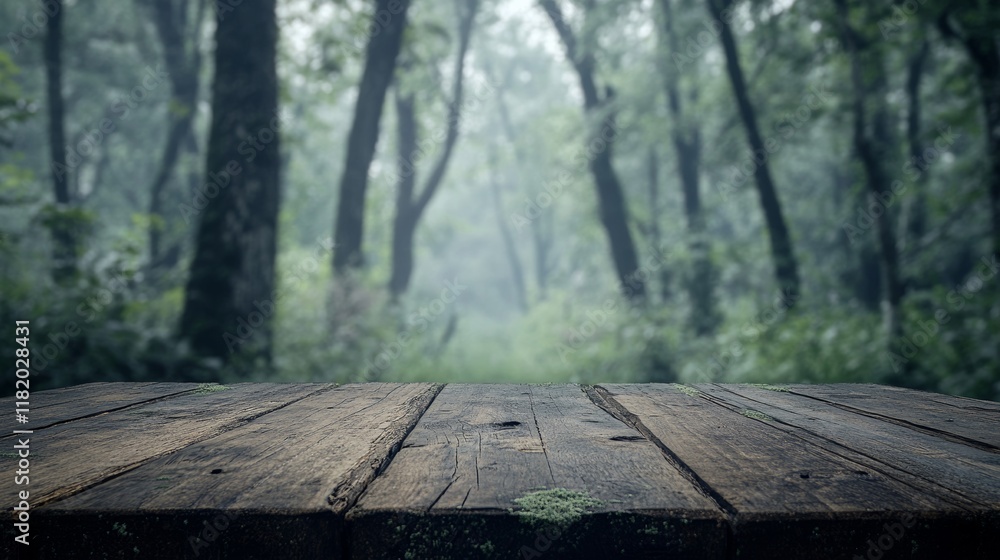 Wood table top in front of of trees in the forest. blur background image, for product display montage Wood table top in front of of trees in the forest. blur background image, for product display montage