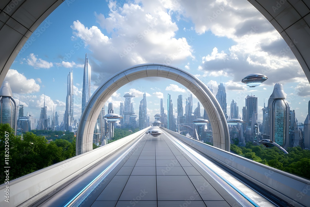 Fototapeta premium Expansive Futuristic Megacity with Soaring Arcologies and Hovering Transport Systems