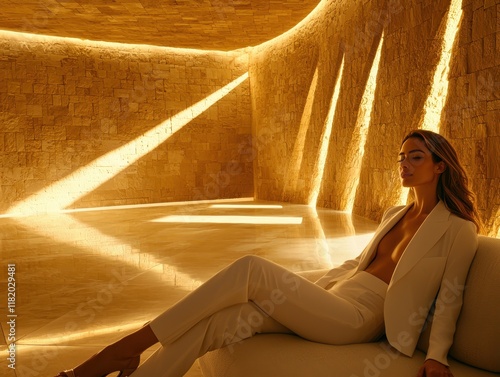 Relaxing woman in elegant white suit luxurious room fashion photography warm lighting artistic perspective serenity concept