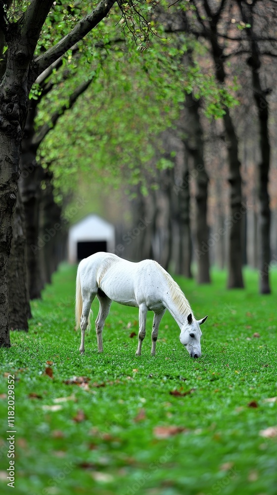 Grazing white horse in lush green forest path natural setting nature scene tranquil environment