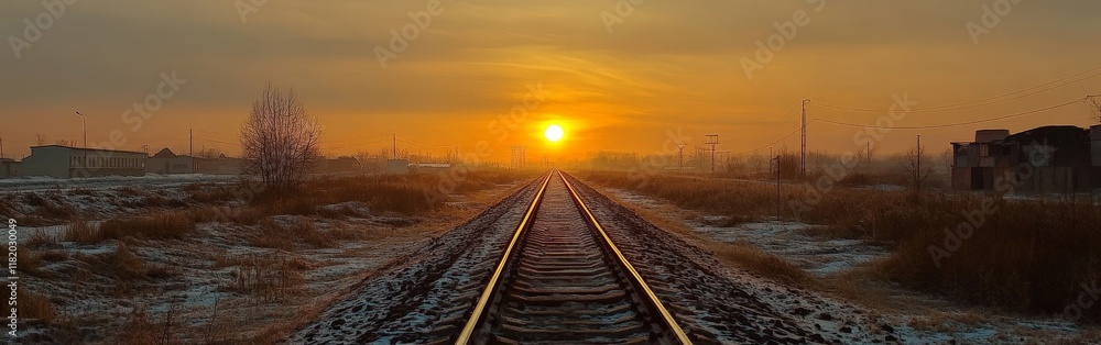 A high-angle shot of railway tracks at sunrise, symbolizing journeys and progress. Perfect for travel, transportation, and inspirational-themed projects A high-angle shot of railway tracks at sunrise, symbolizing journeys and progress. Perfect for travel, transportation, and inspirational-themed projects