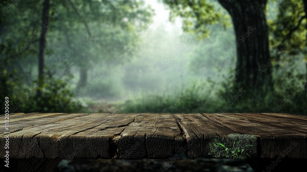 Wood table top in front of of trees in the forest. blur background image, for product display montage