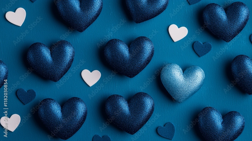 Obraz premium A flat lay of textured hearts in various shades of blue and white on a teal background, creating a visually appealing pattern.