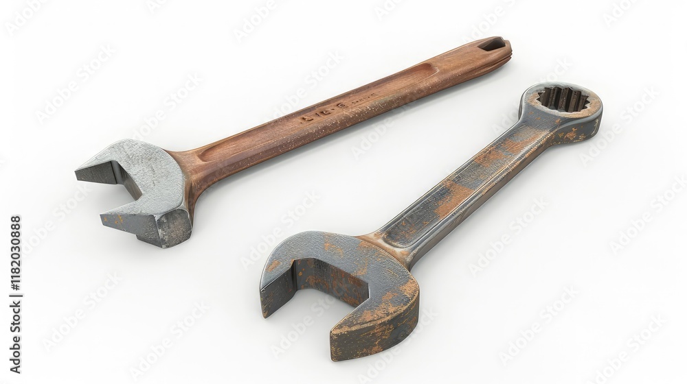 Two adjustable wrenches, one metallic and one wooden, used for gripping and turning objects. isolated on white background Two adjustable wrenches, one metallic and one wooden, used for gripping and turning objects. isolated on white background