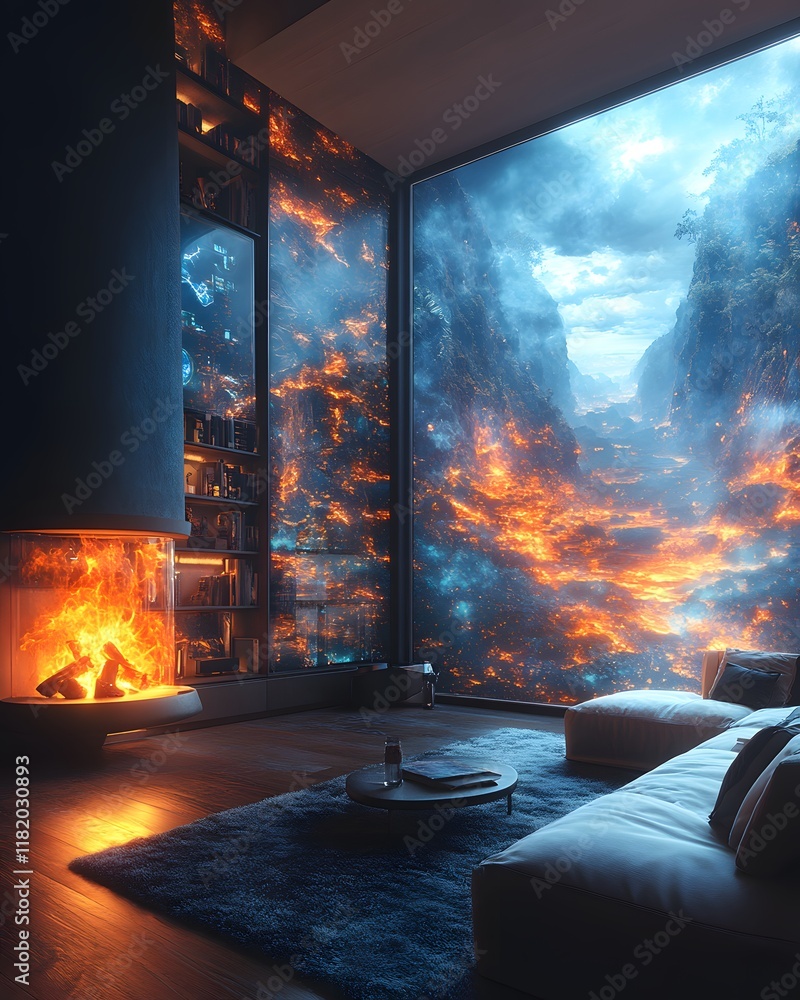 A futuristic living room with a glowing floating fireplace, a VR headset projecting games on a holographic wall—perfect for marketing smart home tech or VR devices, highlighting innovation. A futuristic living room with a glowing floating fireplace, a VR headset projecting games on a holographic wall—perfect for marketing smart home tech or VR devices, highlighting innovation.