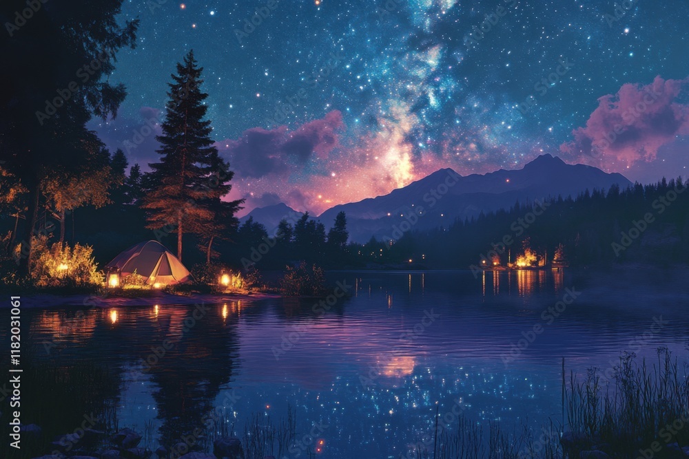 A tranquil lake under a starlit sky, with the Milky Way reflected on the water, and a small campsite with glowing lanterns along the shore A tranquil lake under a starlit sky, with the Milky Way reflected on the water, and a small campsite with glowing lanterns along the shore