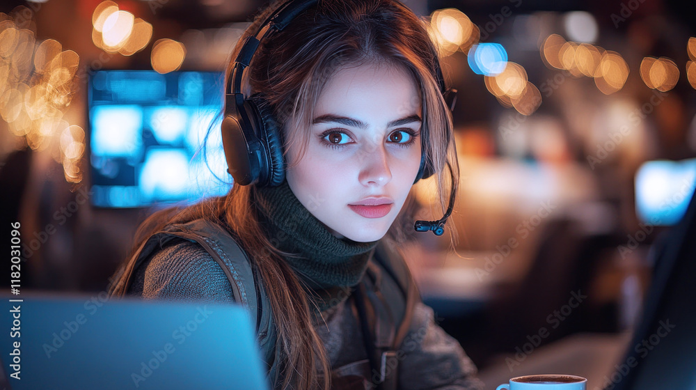 Fototapeta premium Pakistani woman in military uniform and headset working with a laptop at control room
