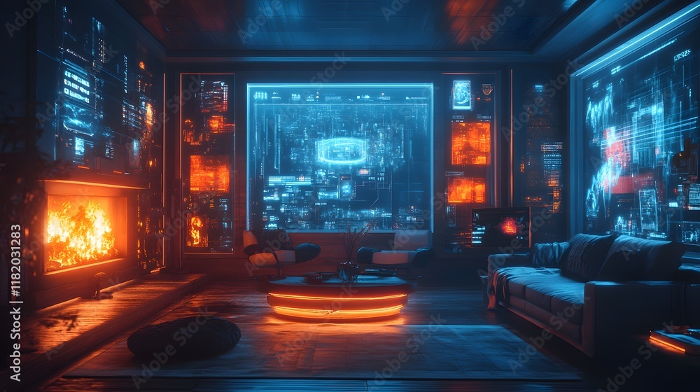 A futuristic living room with a glowing floating fireplace, a VR headset projecting games on a holographic wall—perfect for marketing smart home tech or VR devices, highlighting innovation. A futuristic living room with a glowing floating fireplace, a VR headset projecting games on a holographic wall—perfect for marketing smart home tech or VR devices, highlighting innovation.