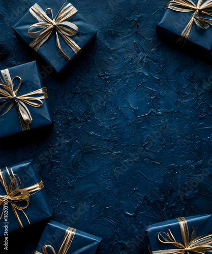 Gifts wrapped in blue paper with silver ribbons on a dark blue textured background. A ready-made background for card design.

