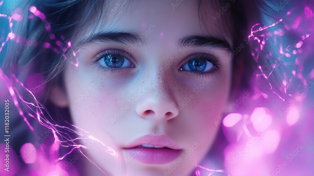 Close-Up of Young Girl with Sparkling Eyes and Ethereal Glow Close-Up of Young Girl with Sparkling Eyes and Ethereal Glow